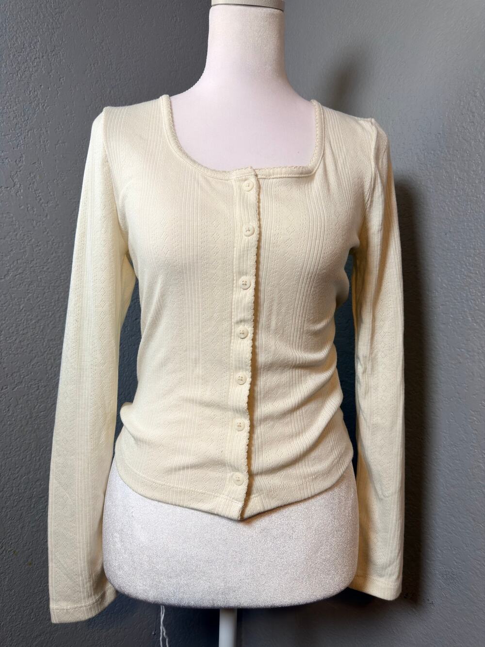 Cream Pointelle Knit Button-Front Cardigan Top